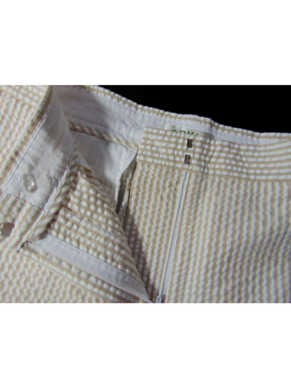 Orvis Womens Tan White Seersucker Pants Size 14 Cotton Flat Front Pockets Crop - Picture 15 of 16